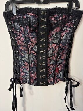 TRiP Black Floral Satin Corset with Lace Trim